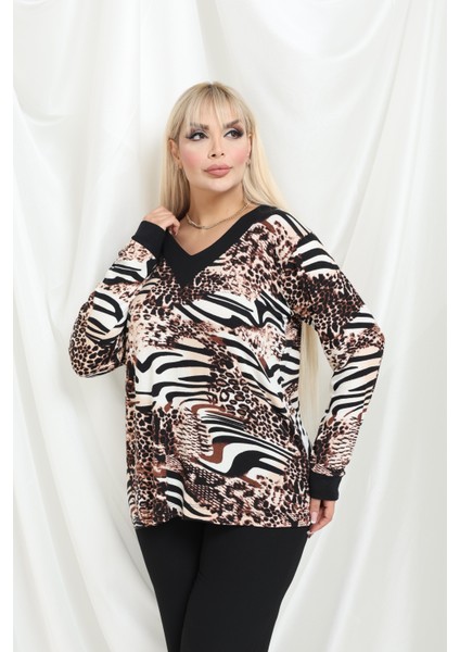 Leopar & Zebra Karma Desenli V-Yaka Bluz – Siyah Biyeli, Rahat Kesim fiyatları