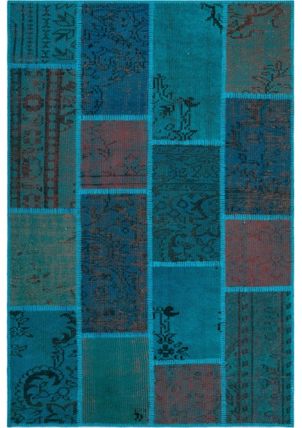 Iskece Turkuaz Eskitme Etnik Modern Desenli Yün Hav Toz Vermez Leke Tutmayan Salon Yolluk Mutfak El Dokuma Halı