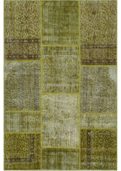 Iskece Yeşil Eskitme Etnik Modern Desenli Yün Hav Toz Vermez Leke Tutmayan Salon Yolluk Mutfak El Dokuma Halı