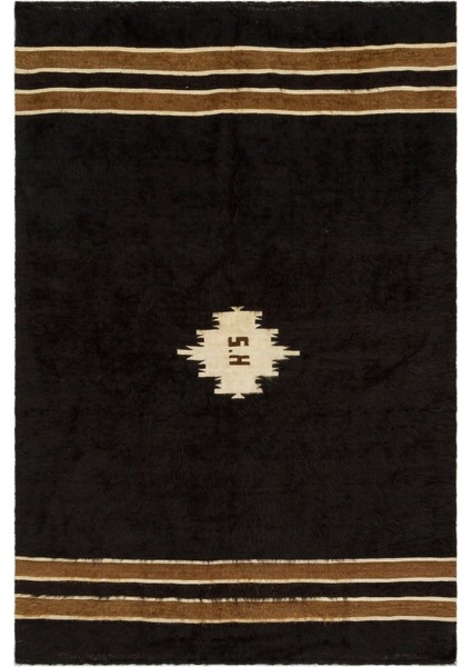 Girit Siyah Geometrik Etnik Modern Desenli Yün Hav Toz Vermez Leke Tutmayan Salon Yolluk Mutfak El Dokuma Halı