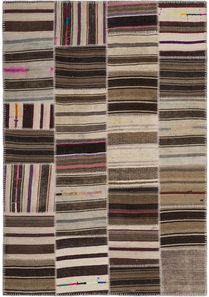 Teselya Bej Çizgili Etnik Modern Desenli Yün Hav Toz Vermez Leke Tutmayan Salon Yolluk Mutfak El Dokuma Halı