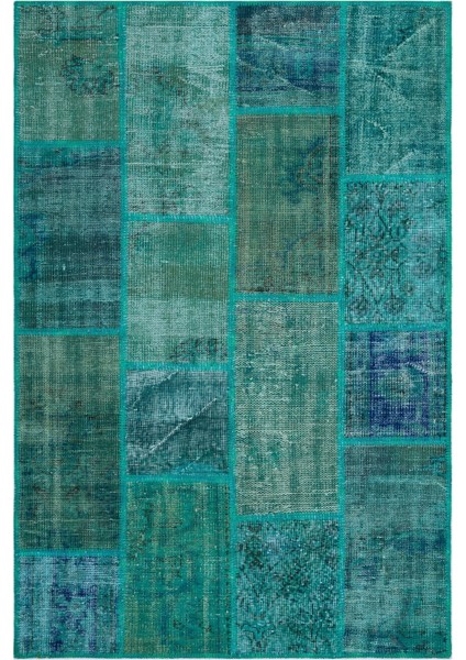 Iskece Turkuaz Eskitme Etnik Modern Desenli Yün Hav Toz Vermez Leke Tutmayan Salon Yolluk Mutfak El Dokuma Halı