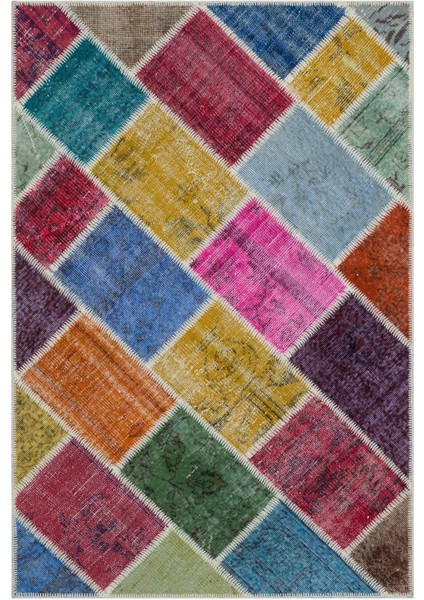 Iskece Bej Patchwork Etnik Modern Desenli Yün Hav Toz Vermez Leke Tutmayan Salon Yolluk Mutfak El Dokuma Halı