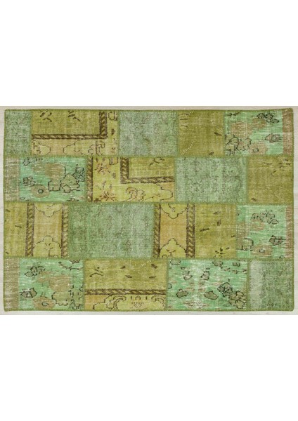 Yeşil Patchwork Etnik Modern Desenli Yün Hav Toz Vermez Leke Tutmayan Salon Yolluk Mutfak El Dokuma Halı