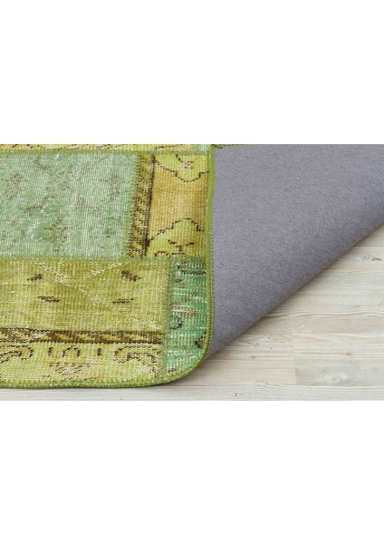 Yeşil Patchwork Etnik Modern Desenli Yün Hav Toz Vermez Leke Tutmayan Salon Yolluk Mutfak El Dokuma Halı fiyatları