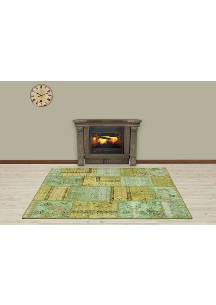 Yeşil Patchwork Etnik Modern Desenli Yün Hav Toz Vermez Leke Tutmayan Salon Yolluk Mutfak El Dokuma Halı modelleri