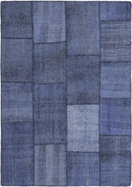 Teselya Mavi Patchwork Etnik Modern Desenli Yün Hav Toz Vermez Leke Tutmayan Salon Yolluk Mutfak El Dokuma Halı