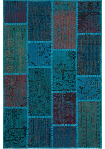 Iskece Turkuaz Eskitme Etnik Modern Desenli Yün Hav Toz Vermez Leke Tutmayan Salon Yolluk Mutfak El Dokuma Halı