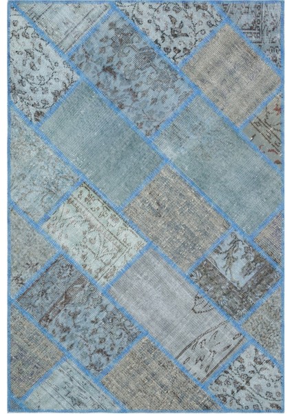 Iskece Mavi Eskitme Etnik Modern Desenli Yün Hav Toz Vermez Leke Tutmayan Salon Yolluk Mutfak El Dokuma Halı