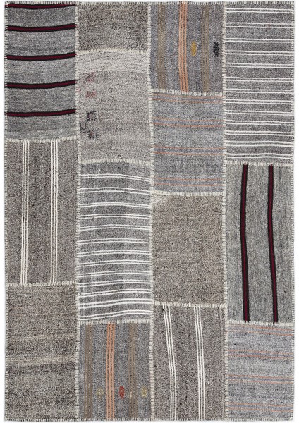 Teselya Gri Çizgili Etnik Modern Desenli Yün Hav Toz Vermez Leke Tutmayan Salon Yolluk Mutfak El Dokuma Halı