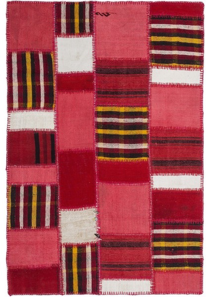 Teselya Pembe Patchwork Etnik Modern Desenli Yün Hav Toz Vermez Leke Tutmayan Salon Yolluk Mutfak El Dokuma Halı