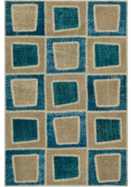 Iskece Turkuaz Eskitme Etnik Modern Desenli Yün Hav Toz Vermez Leke Tutmayan Salon Yolluk Mutfak El Dokuma Halı