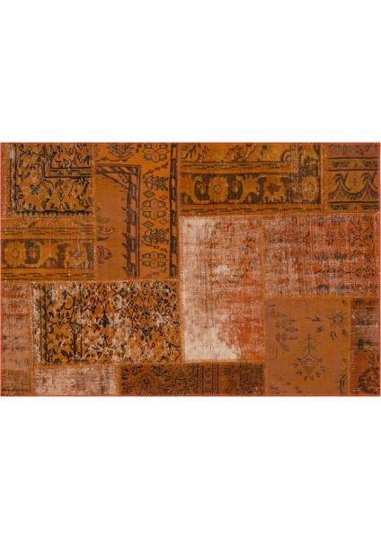Turuncu Patchwork Etnik Modern Desenli Yün Hav Toz Vermez Leke Tutmayan Salon Yolluk Mutfak El Dokuma Halı