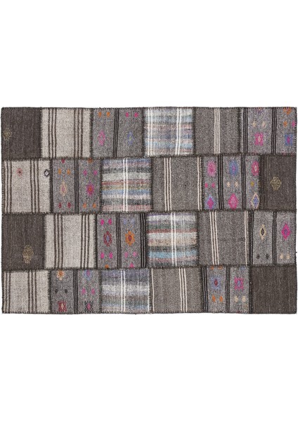 Kahverengi Patchwork Etnik Modern Desenli Yün Hav Toz Vermez Leke Tutmayan Salon Yolluk Mutfak El Dokuma Halı