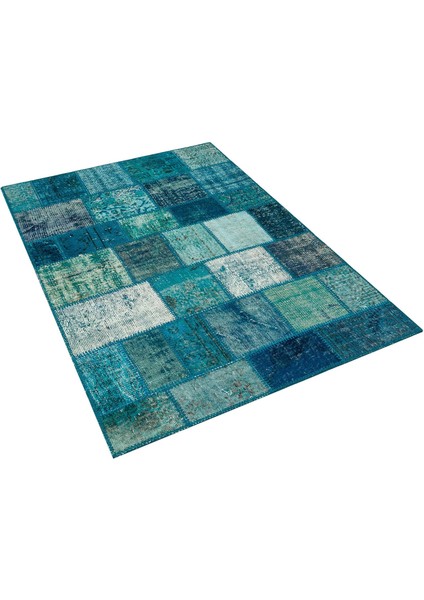 Mavi Patchwork Etnik Modern Desenli Yün Hav Toz Vermez Leke Tutmayan Salon Yolluk Mutfak El Dokuma Halı modelleri