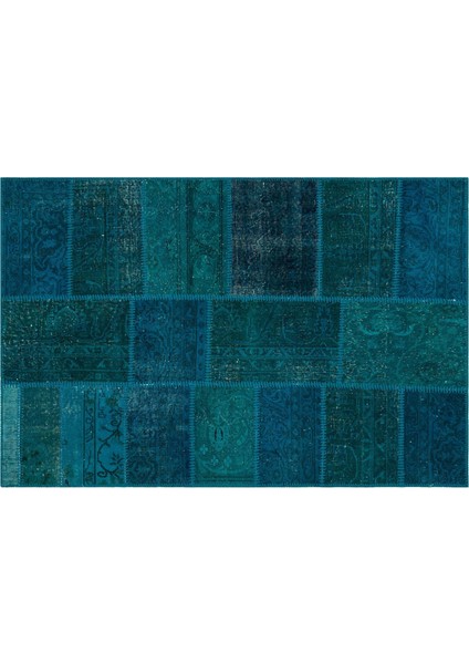 Mavi Patchwork Etnik Modern Desenli Yün Hav Toz Vermez Leke Tutmayan Salon Yolluk Mutfak El Dokuma Halı