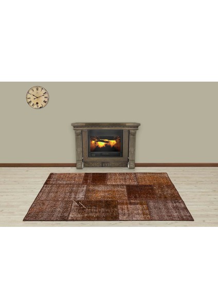 Kahverengi Patchwork Etnik Modern Desenli Yün Hav Toz Vermez Leke Tutmayan Salon Yolluk Mutfak El Dokuma Halı