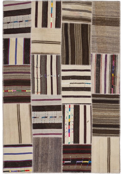 Teselya Bej Çizgili Etnik Modern Desenli Yün Hav Toz Vermez Leke Tutmayan Salon Yolluk Mutfak El Dokuma Halı