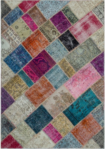 Iskece Bej Patchwork Etnik Modern Desenli Yün Hav Toz Vermez Leke Tutmayan Salon Yolluk Mutfak El Dokuma Halı