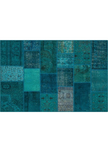 Mavi Patchwork Etnik Modern Desenli Yün Hav Toz Vermez Leke Tutmayan Salon Yolluk Mutfak El Dokuma Halı