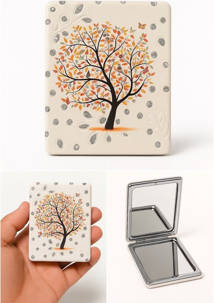 Işıltılı Yapraklar Sonbahar Sevgi Ağacı Temalı Katlanabilir büyüteçli Mini Cep Makyaj Aynası Sarı