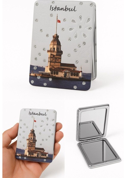 Anılarla Dolu Istanbul Hatırası Işıltılı Taşlı Kız Kulesi Temalı Katlanabilir Mini Makyaj Cep Aynası