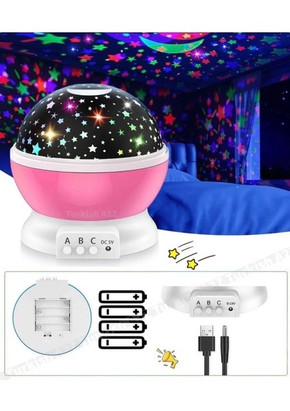 Renkli Yıldızlı Dönen Gökyüzü Projeksiyon Gece Lambası Pembe-Dekoratif-Masa Süsü modelleri