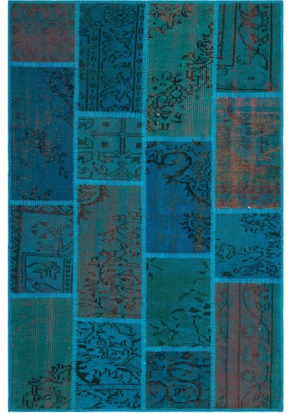 Iskece Turkuaz Eskitme Etnik Modern Desenli Yün Hav Toz Vermez Leke Tutmayan Salon Yolluk Mutfak El Dokuma Halı