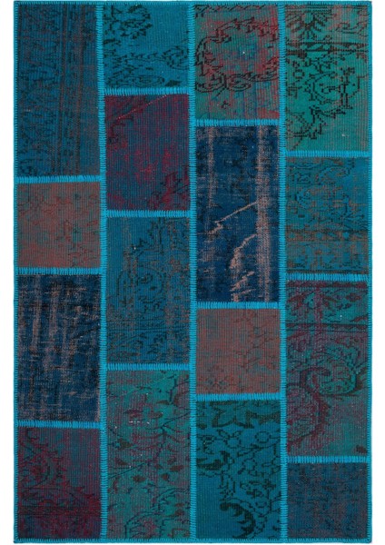 Iskece Turkuaz Eskitme Etnik Modern Desenli Yün Hav Toz Vermez Leke Tutmayan Salon Yolluk Mutfak El Dokuma Halı