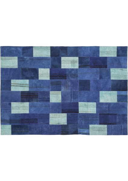 Mavi Patchwork Etnik Modern Desenli Yün Hav Toz Vermez Leke Tutmayan Salon Yolluk Mutfak El Dokuma Halı