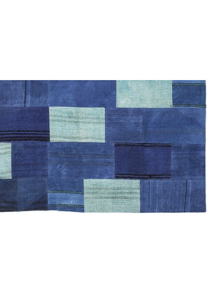 Mavi Patchwork Etnik Modern Desenli Yün Hav Toz Vermez Leke Tutmayan Salon Yolluk Mutfak El Dokuma Halı indirimleri