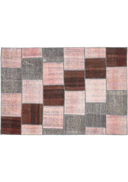 Pembe Patchwork Etnik Modern Desenli Yün Hav Toz Vermez Leke Tutmayan Salon Yolluk Mutfak El Dokuma Halı