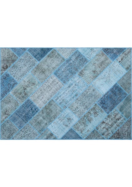 Turkuaz Patchwork Etnik Modern Desenli Yün Hav Toz Vermez Leke Tutmayan Salon Yolluk Mutfak El Dokuma Halı