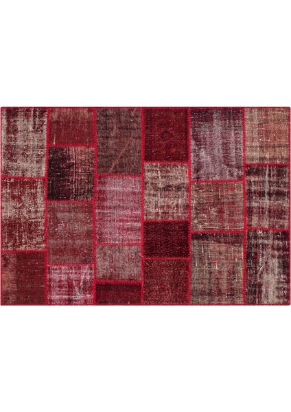 Kırmızı Patchwork Etnik Modern Desenli Yün Hav Toz Vermez Leke Tutmayan Salon Yolluk Mutfak El Dokuma Halı