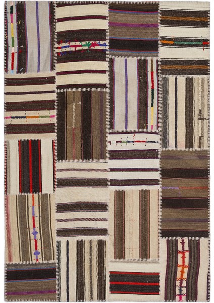 Teselya Kahverengi Çizgili Etnik Modern Desenli Yün Hav Toz Vermez Leke Tutmayan Salon Yolluk Mutfak El Dokuma Halı