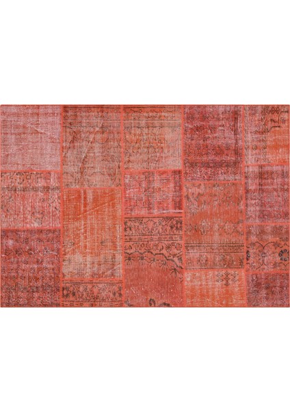 Turuncu Patchwork Etnik Modern Desenli Yün Hav Toz Vermez Leke Tutmayan Salon Yolluk Mutfak El Dokuma Halı