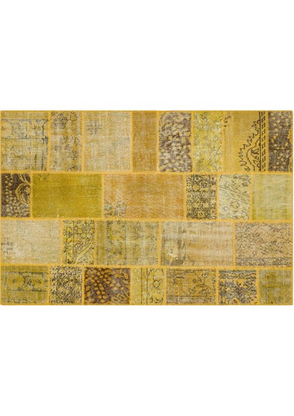 Sarı Patchwork Etnik Modern Desenli Yün Hav Toz Vermez Leke Tutmayan Salon Yolluk Mutfak El Dokuma Halı