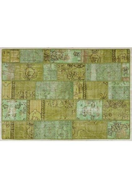 Yeşil Patchwork Etnik Modern Desenli Yün Hav Toz Vermez Leke Tutmayan Salon Yolluk Mutfak El Dokuma Halı