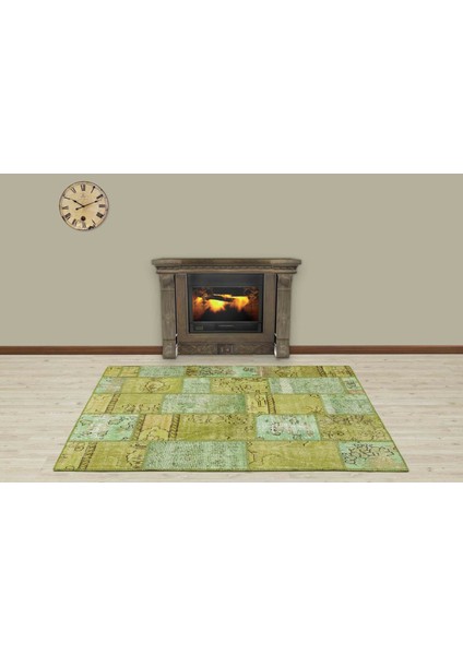 Yeşil Patchwork Etnik Modern Desenli Yün Hav Toz Vermez Leke Tutmayan Salon Yolluk Mutfak El Dokuma Halı modelleri