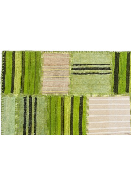 Teselya Yeşil Patchwork Etnik Modern Desenli Yün Hav Toz Vermez Leke Tutmayan Salon Yolluk Mutfak El Dokuma Halı fiyatları