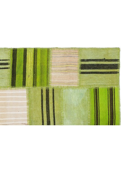 Teselya Yeşil Patchwork Etnik Modern Desenli Yün Hav Toz Vermez Leke Tutmayan Salon Yolluk Mutfak El Dokuma Halı modelleri