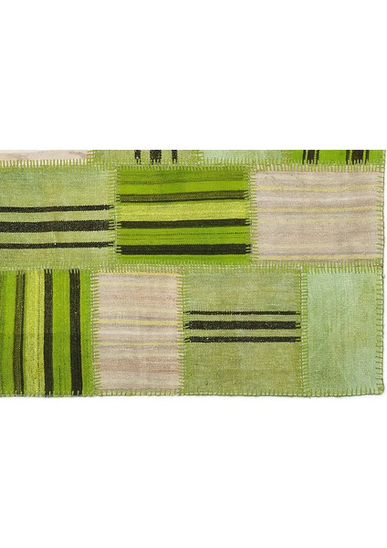 Teselya Yeşil Patchwork Etnik Modern Desenli Yün Hav Toz Vermez Leke Tutmayan Salon Yolluk Mutfak El Dokuma Halı indirimleri