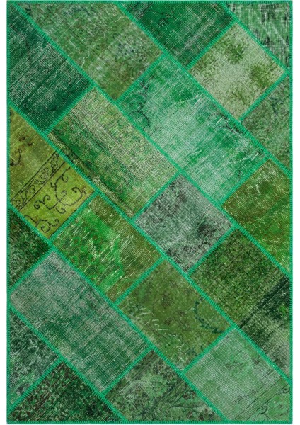 Iskece Yeşil Eskitme Etnik Modern Desenli Yün Hav Toz Vermez Leke Tutmayan Salon Yolluk Mutfak El Dokuma Halı