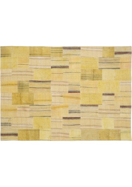 Sarı Patchwork Etnik Modern Desenli Yün Hav Toz Vermez Leke Tutmayan Salon Yolluk Mutfak El Dokuma Halı