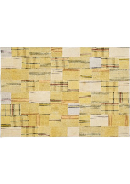 Sarı Patchwork Etnik Modern Desenli Yün Hav Toz Vermez Leke Tutmayan Salon Yolluk Mutfak El Dokuma Halı