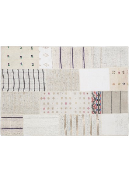 Bej Patchwork Etnik Modern Desenli Yün Hav Toz Vermez Leke Tutmayan Salon Yolluk Mutfak El Dokuma Halı