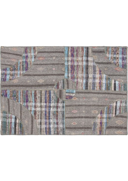 Gri Patchwork Etnik Modern Desenli Yün Hav Toz Vermez Leke Tutmayan Salon Yolluk Mutfak El Dokuma Halı