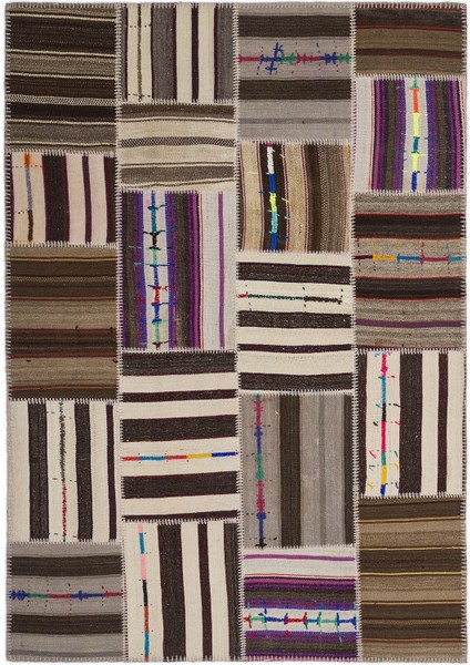 Teselya Bej Çizgili Etnik Modern Desenli Yün Hav Toz Vermez Leke Tutmayan Salon Yolluk Mutfak El Dokuma Halı