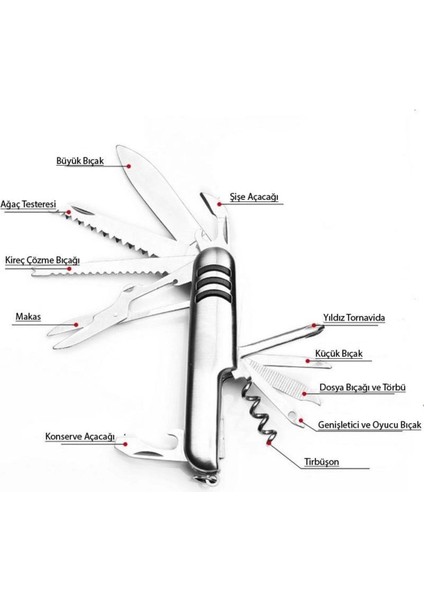 11 Fonksiyonlu Krom(Paslanmaz) Isviçre Çakısı - AISI316 - Gümüş Gri