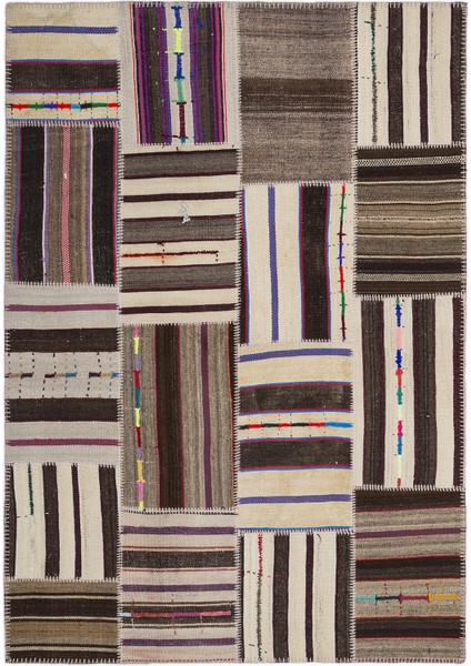 Teselya Bej Çizgili Etnik Modern Desenli Yün Hav Toz Vermez Leke Tutmayan Salon Yolluk Mutfak El Dokuma Halı